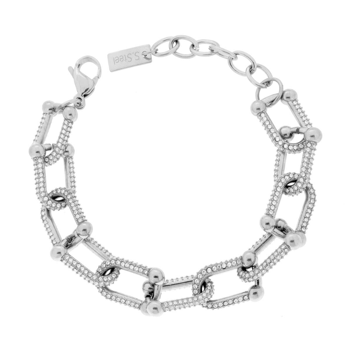 Bracciale Catena Maglia Industriale e Crystal Bianchi in ACCIAIO