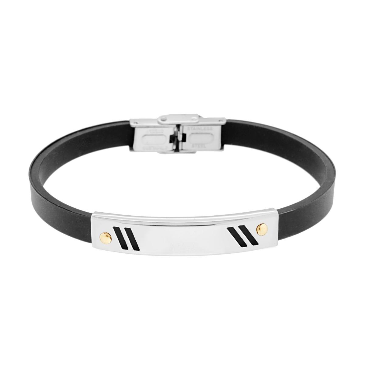 Bracciale Uomo in Caucciu Nero con Targa Decoro Geometrico e Punti colore Oro in ACCIAIO