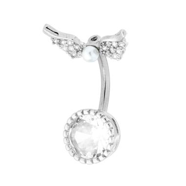 Body Piercing Banana mm 24 Ali con Perla e Tondo con Crystal Bianchi in ACCIAIO Chirurgico