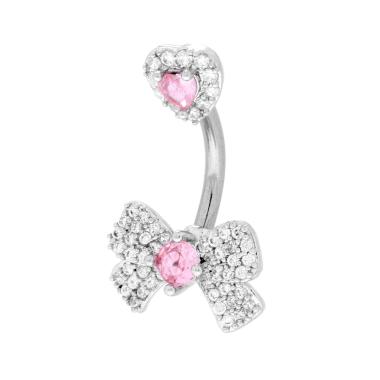 Body Piercing Banana mm 24 Cuore e Fiocco Crystal Bianchi e Rosa in ACCIAIO Chirurgico