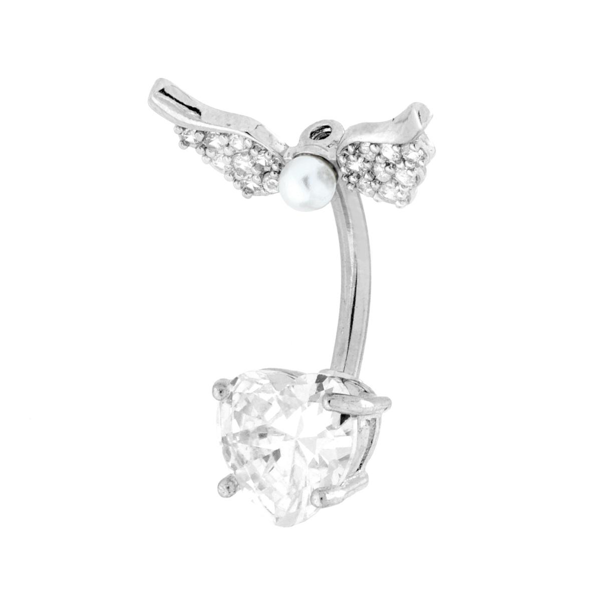 Body Piercing Banana mm 24 Ali con Perla e Cuore con Crystal Bianchi in ACCIAIO Chirurgico