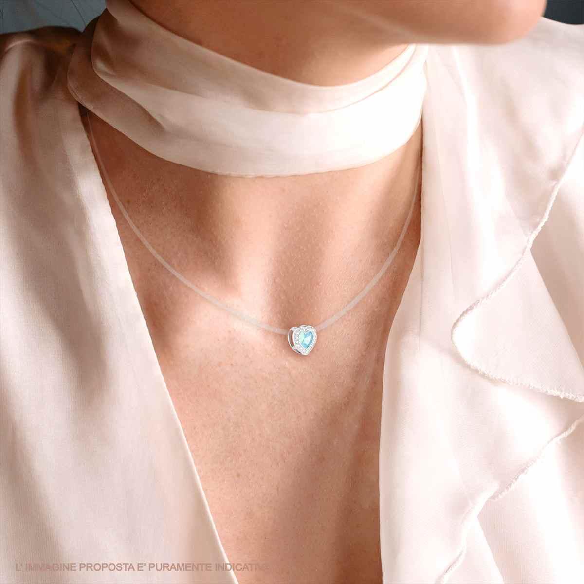 Ciondolo Cuore Acquamarina contornato da Cubic Zirconia Bianchi in ARGENTO 925 Galvanica Rodio