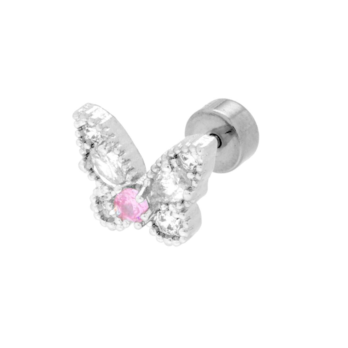 Body Piercing Barbell mm 11 con Cilindro e Farfalla con Crystal Bianchi e Rosa in ACCIAIO Chirurgico