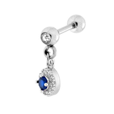 Body Piercing Barbell mm 13 con Pallina mm 4 e Tondo pendente con Crystal Bianchi e Blu Zaffiro in ACCIAIO Chirurgico