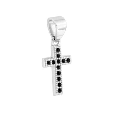 Ciondolo Croce con Cubic Zirconia Neri in ARGENTO 925 Galvanica Rodio