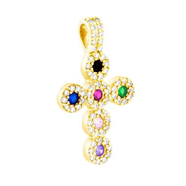 Ciondolo Croce con Cubic Zirconia Multicolor in ARGENTO 925 Galvanica Oro