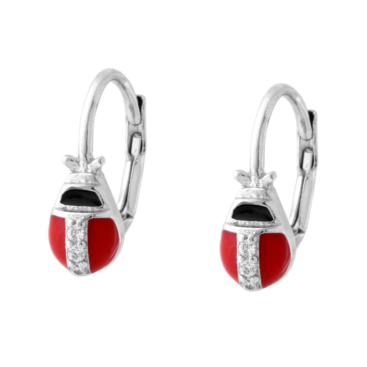 Orecchini Monachella Coccinella con Smalto Rosso e Cubic Zirconia Bianchi in ARGENTO 925 Galvanica Rodio