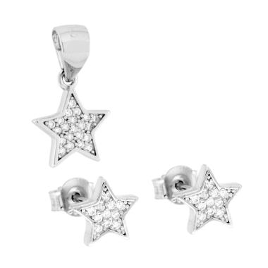 Parure Set Orecchini e Ciondolo Stella con Cubic Zirconia Bianchi in ARGENTO 925 Galvanica Rodio