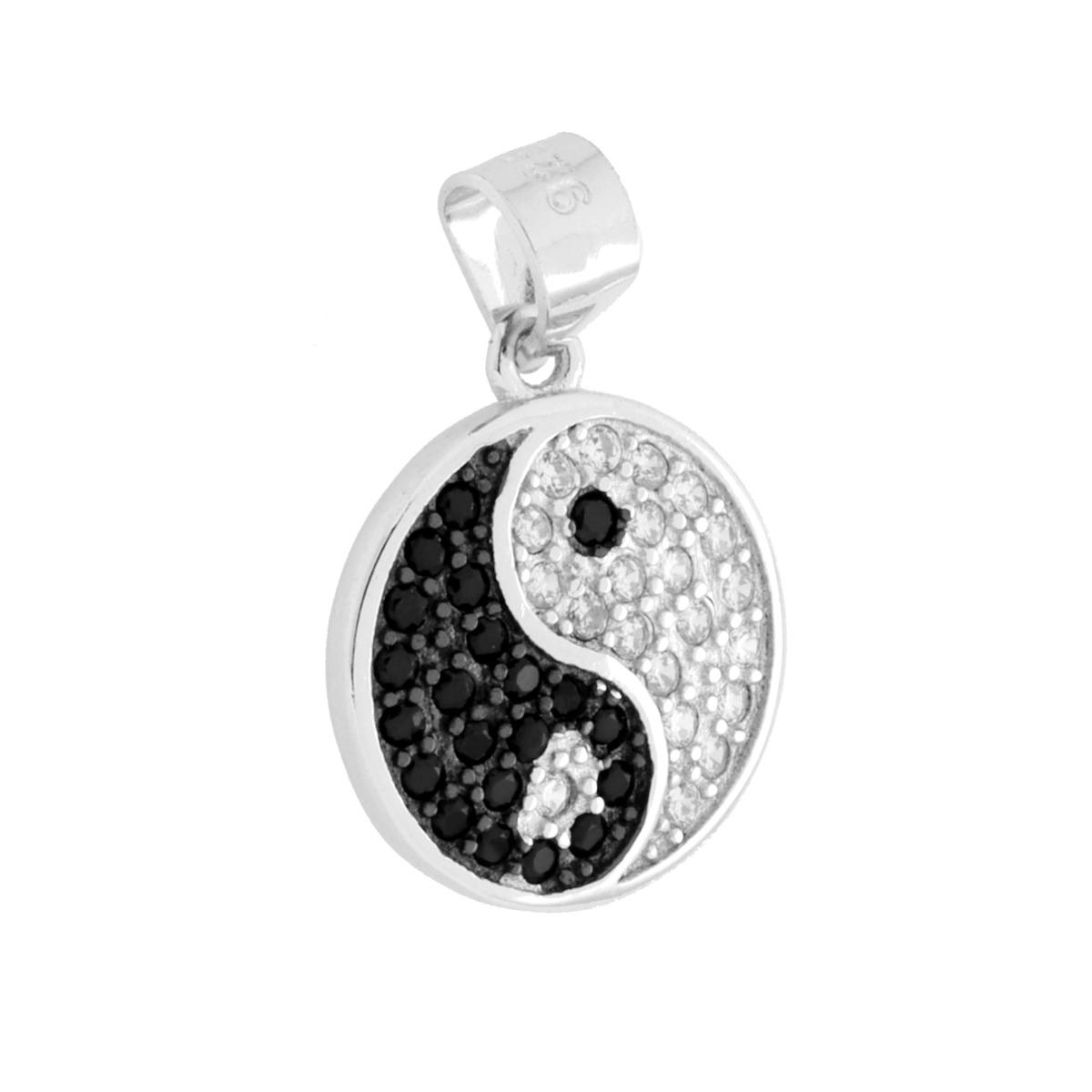 Ciondolo Yin e Yang con Cubic Zirconia Bianchi e Neri in ARGENTO 925 Galvanica Rodio