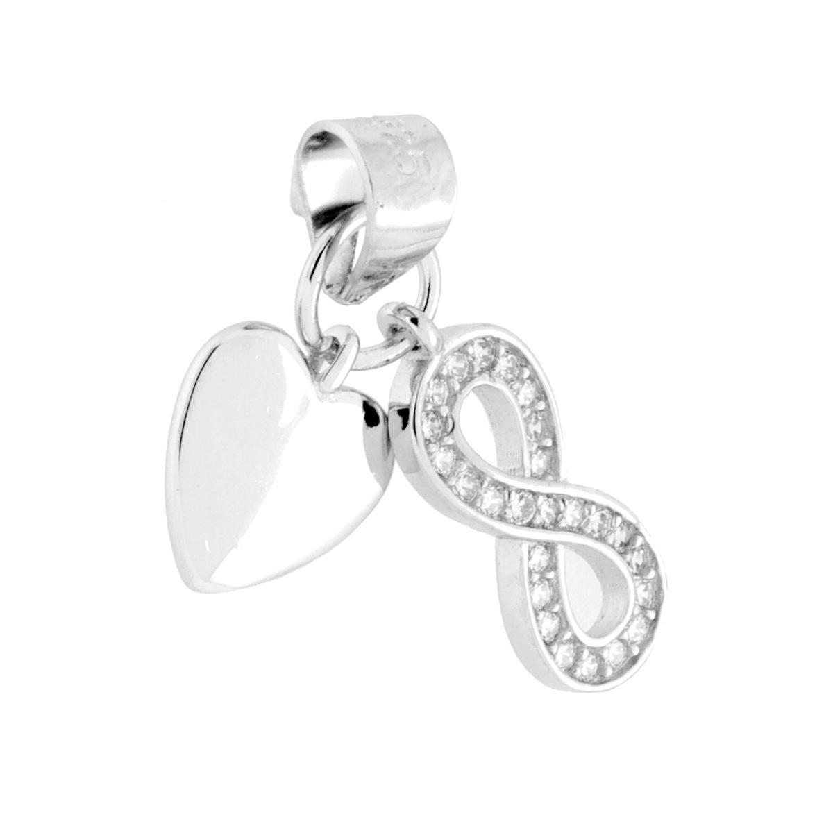 Ciondolo con Doppio Pendente Cuore e Infinito con Cubic Zirconia Bianchi in ARGENTO 925 Galvanica Rodio