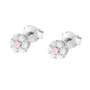 Orecchini Fiore con Cubic Zirconia Bianchi e Rosa in ARGENTO 925 Galvanica Rodio