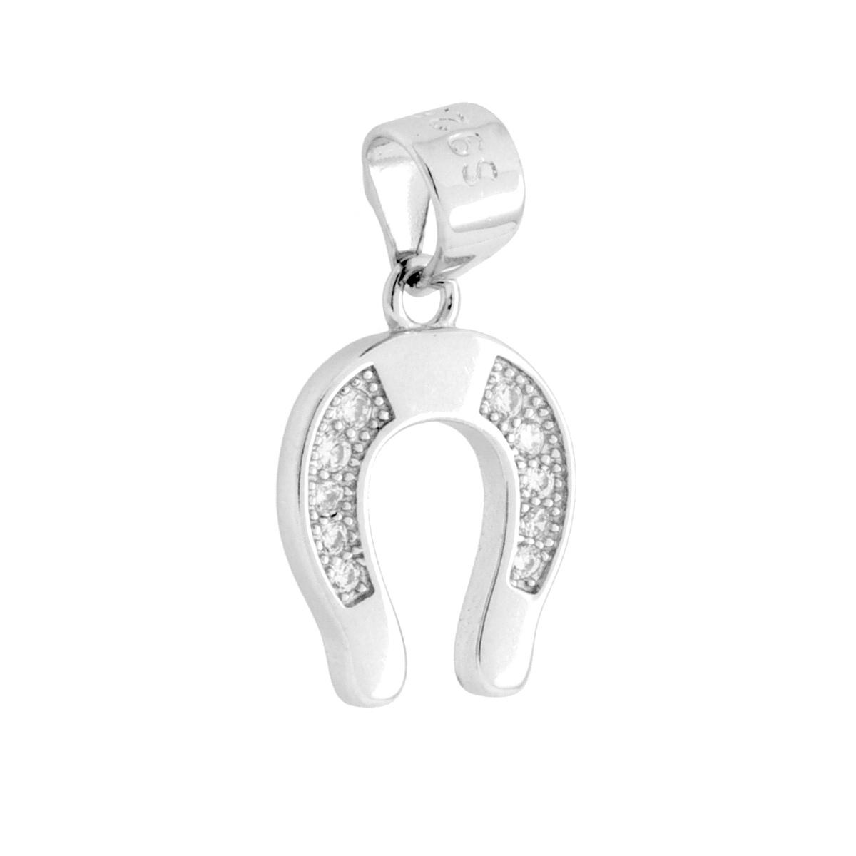 Ciondolo Ferro di Cavallo Portafortuna con Cubic Zirconia Bianchi in ARGENTO 925 Galvanica Rodio