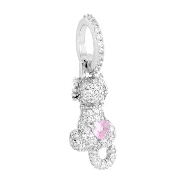 Ciondolo Gatto con Cuore Rosa e Cubic Zirconia Bianchi in ARGENTO 925 Galvanica Rodio
