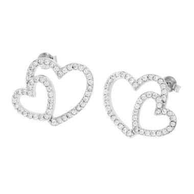Orecchini Cuore doppio con Cubic Zirconia Bianchi in ARGENTO 925 Galvanica Rodio