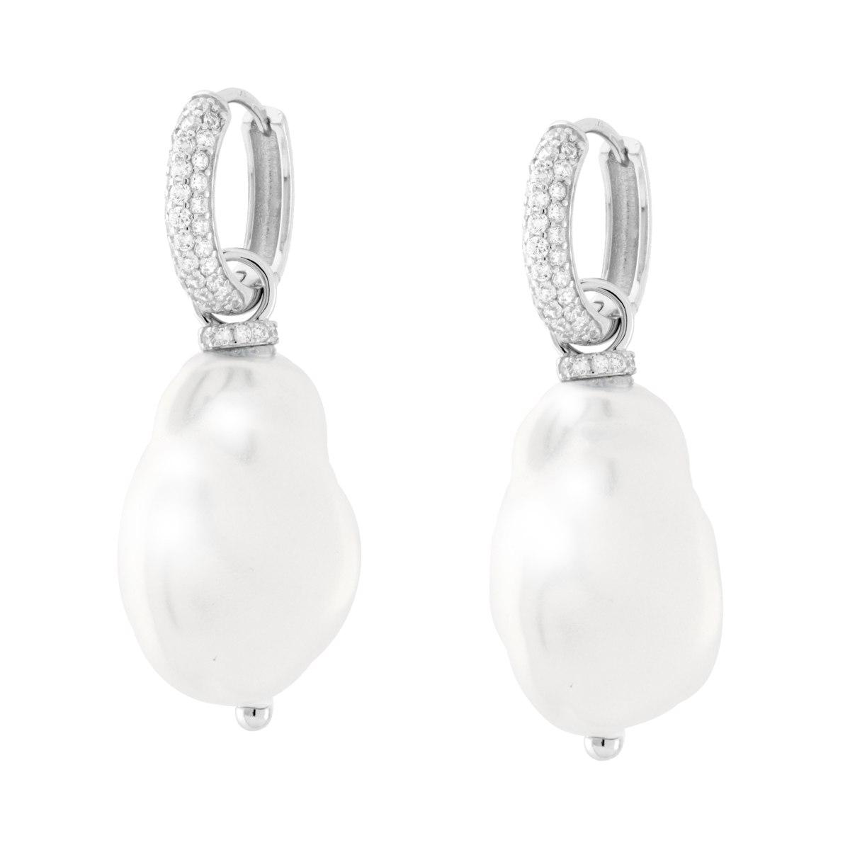Orecchini Cerchio con Cubic Zirconia Bianchi e Perla Scaramazza pendente in ARGENTO 925 Galvanica Rodio