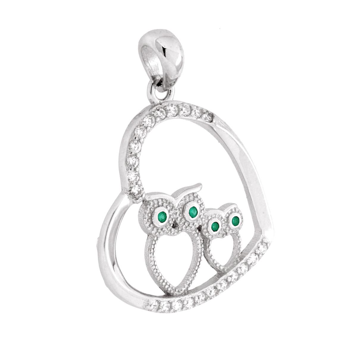 Ciondolo Cuore e Gufi con Cubic Zirconia Bianchi e Verde Smeraldo in ARGENTO 925 Galvanica Rodio