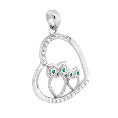 Ciondolo Cuore e Gufi con Cubic Zirconia Bianchi e Verde Smeraldo in ARGENTO 925 Galvanica Rodio