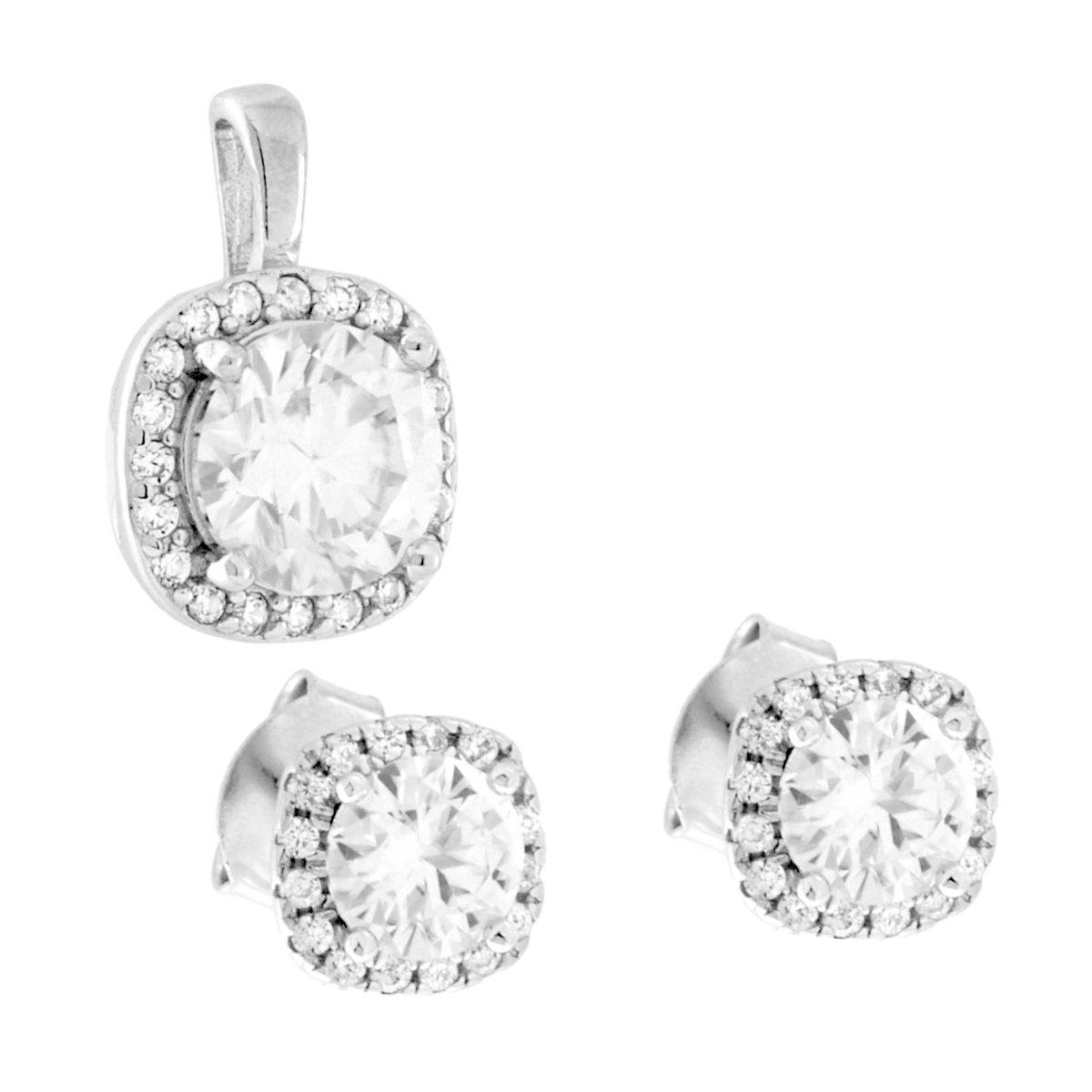 Parure Set Orecchini e Ciondolo Punto Luce Quadrato Cushion con MOISSANITE Bianchi in ARGENTO 925 Galvanica Rodio