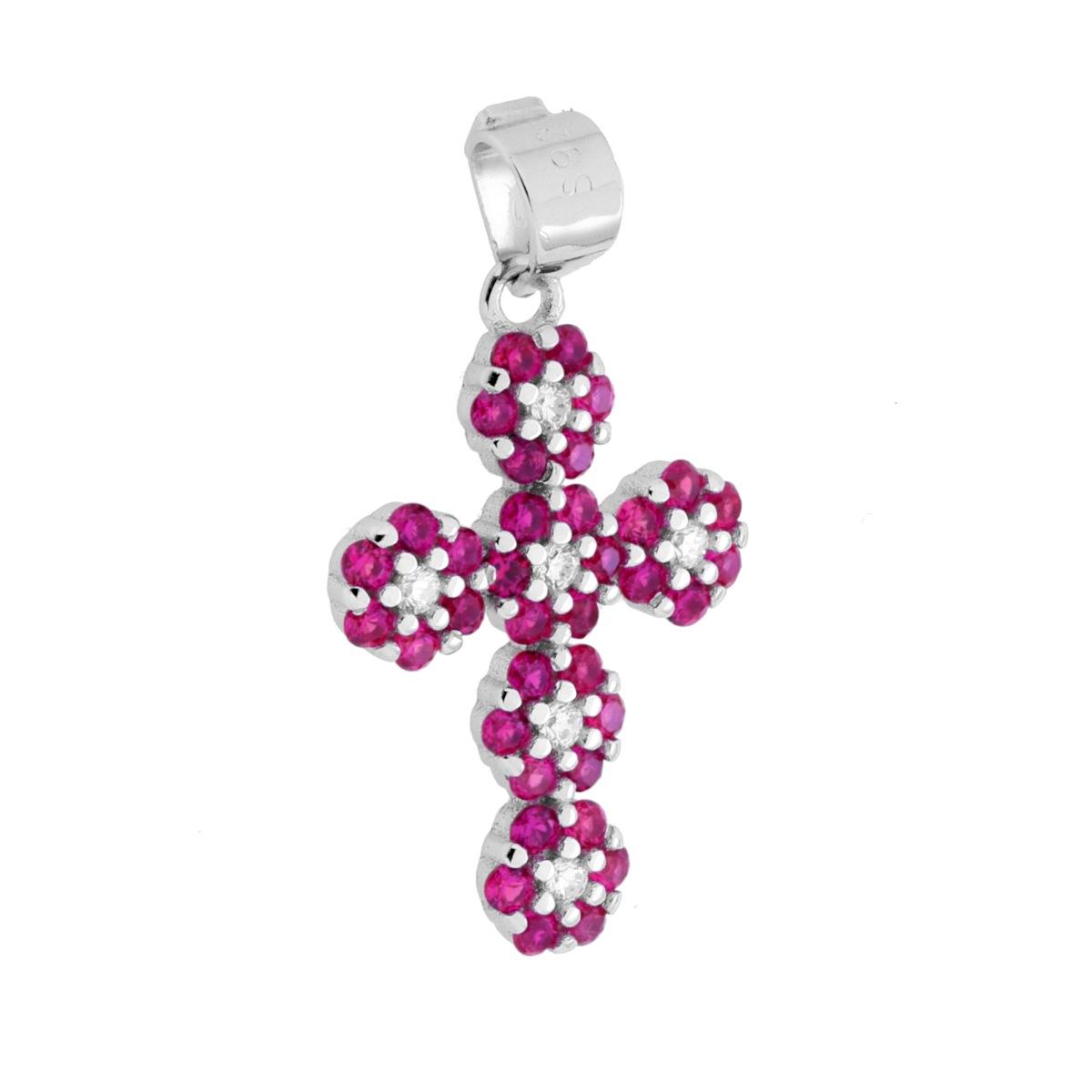 Ciondolo Croce con Fiori Cubic Zirconia Rosso Rubino e Bianchi in ARGENTO 925 Galvanica Rodio