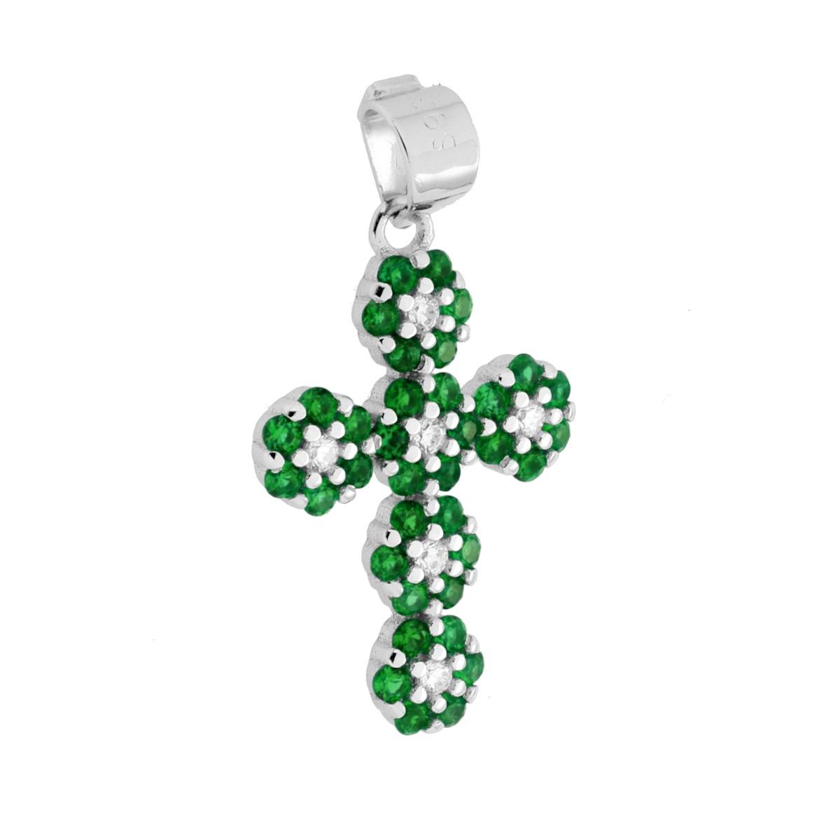 Ciondolo Croce con Fiori Cubic Zirconia Verde Smeraldo e Bianchi in ARGENTO 925 Galvanica Rodio
