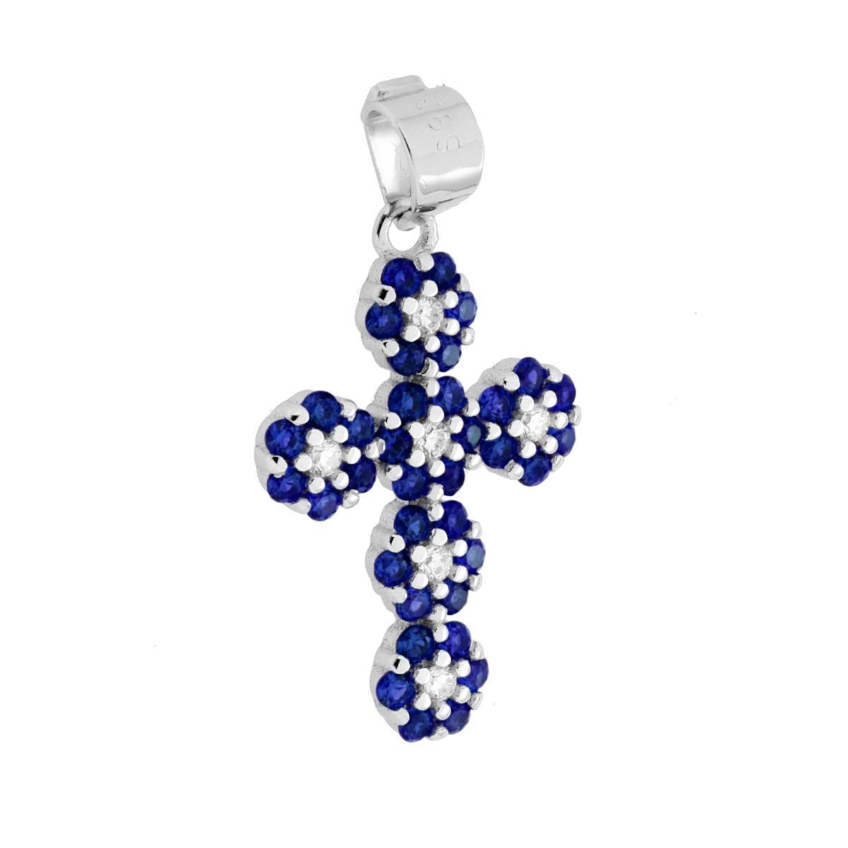 Ciondolo Croce con Cubic Zirconia Blu Zaffiro e Bianchi in ARGENTO 925 Galvanica Rodio