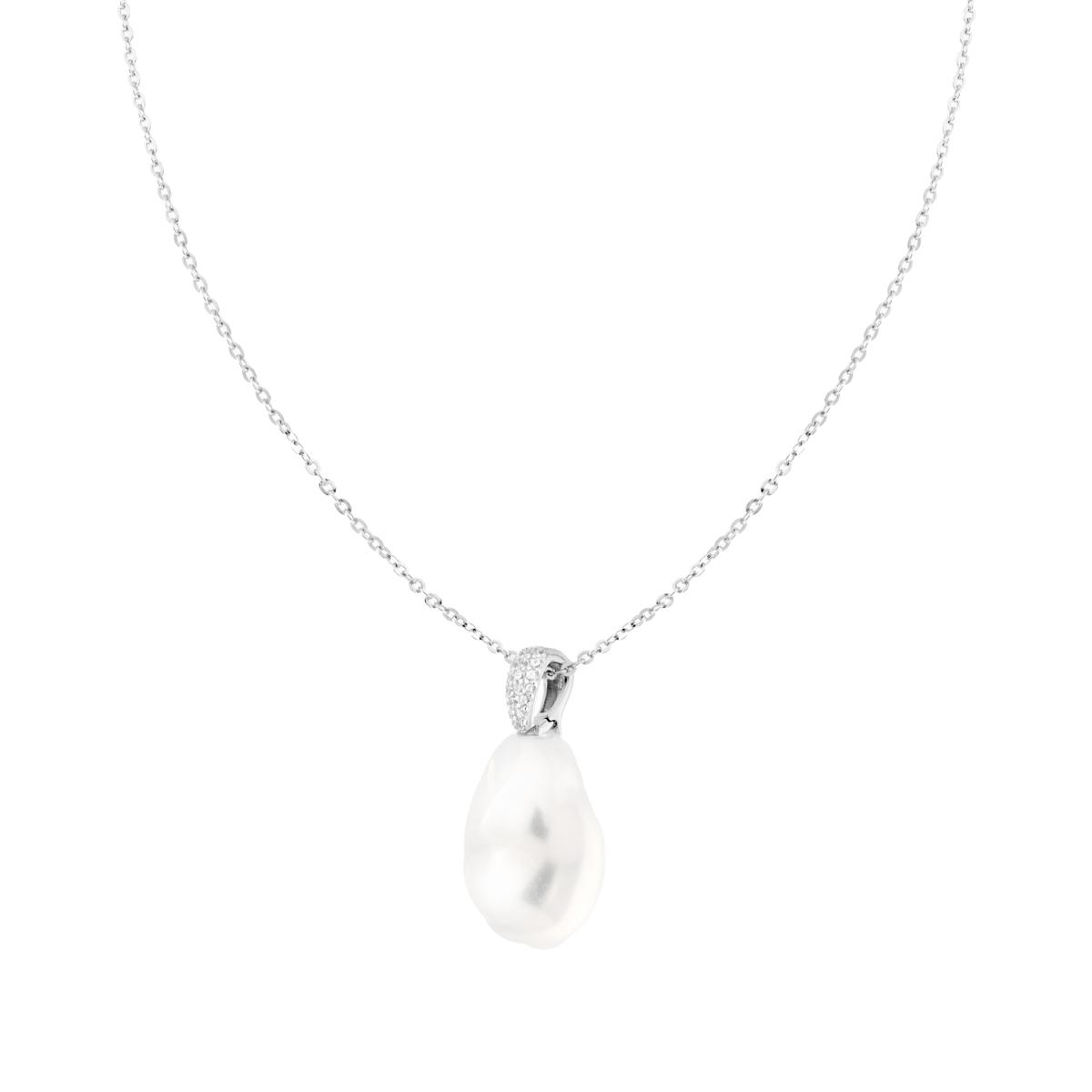 Collana Catena Forzatina Diamantata con Perla Scaramazza e Cubic Zirconia Bianchi in ARGENTO 925 Galvanica Rodio