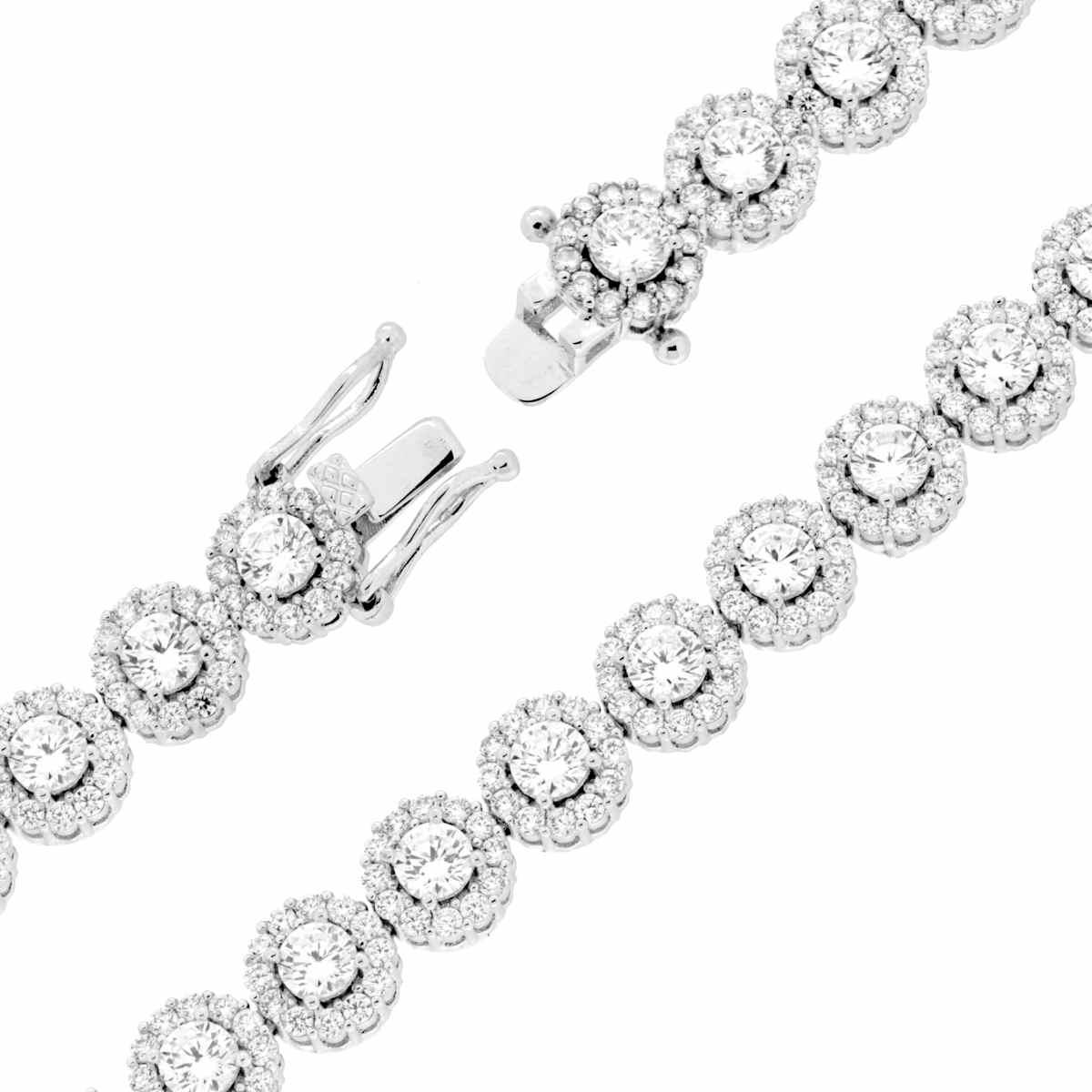 Collana Tennis cm 43 Tondi Cubic Zirconia Bianco contornato da Cubic Zirconia Bianchi in OTTONE Galvanica Rodio