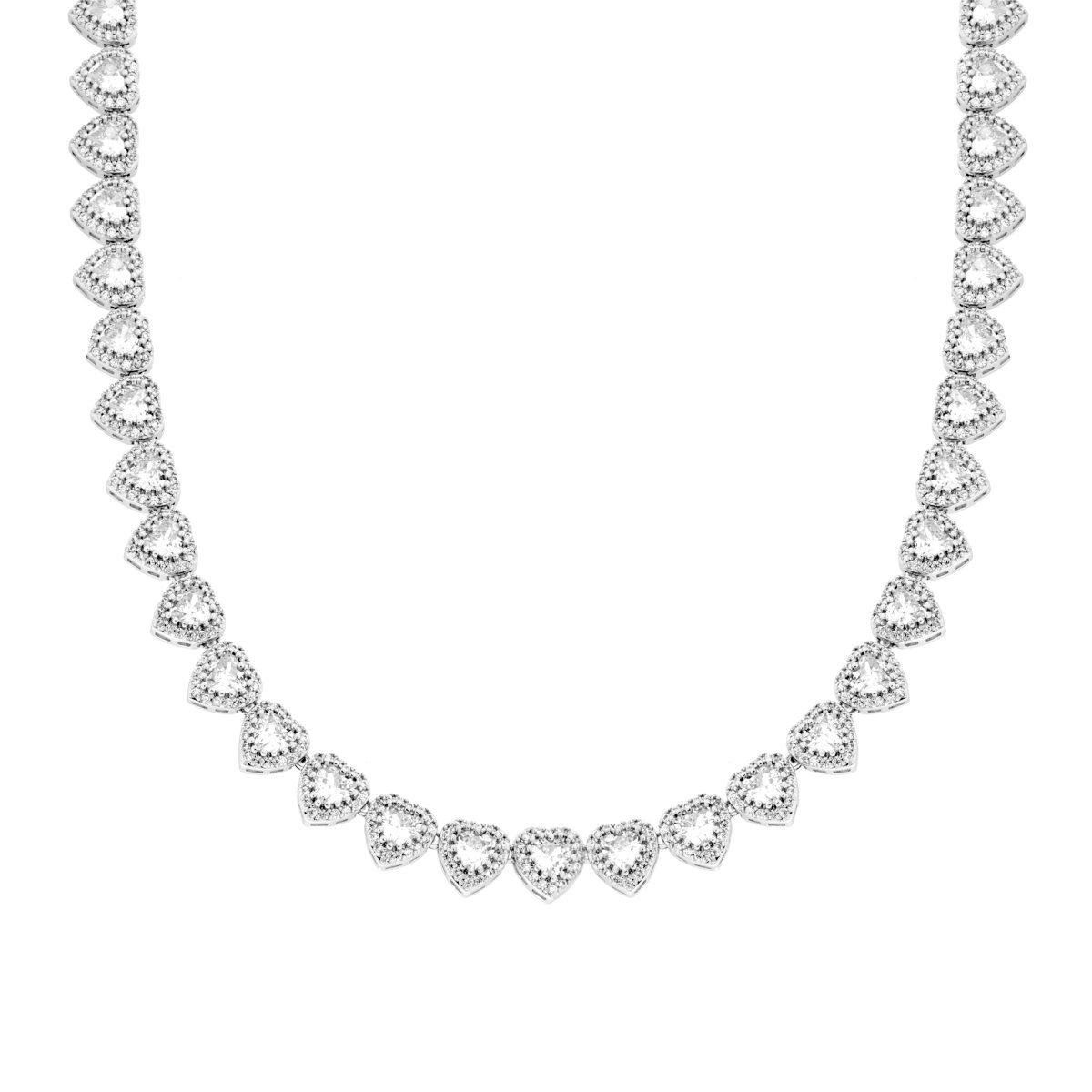 Collana Tennis cm 43 Cuore Cubic Zirconia Bianco contornato da Cubic Zirconia Bianchi in OTTONE Galvanica Rodio
