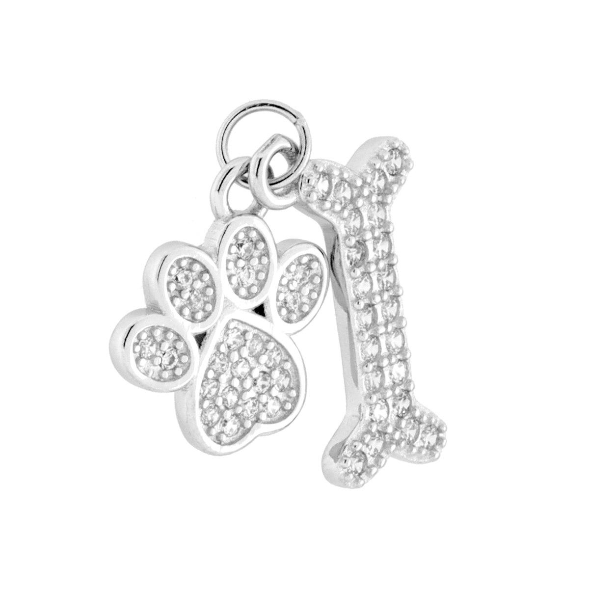 Ciondolo con Doppio Pendente Zampa Cane e Osso con Cubic Zirconia Bianchi in ARGENTO 925 Galvanica Rodio