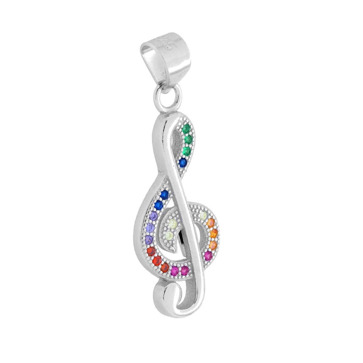 Ciondolo Chiave di Violino con Cubic Zirconia Multicolor Rainbow in ARGENTO 925 Galvanica Rodio