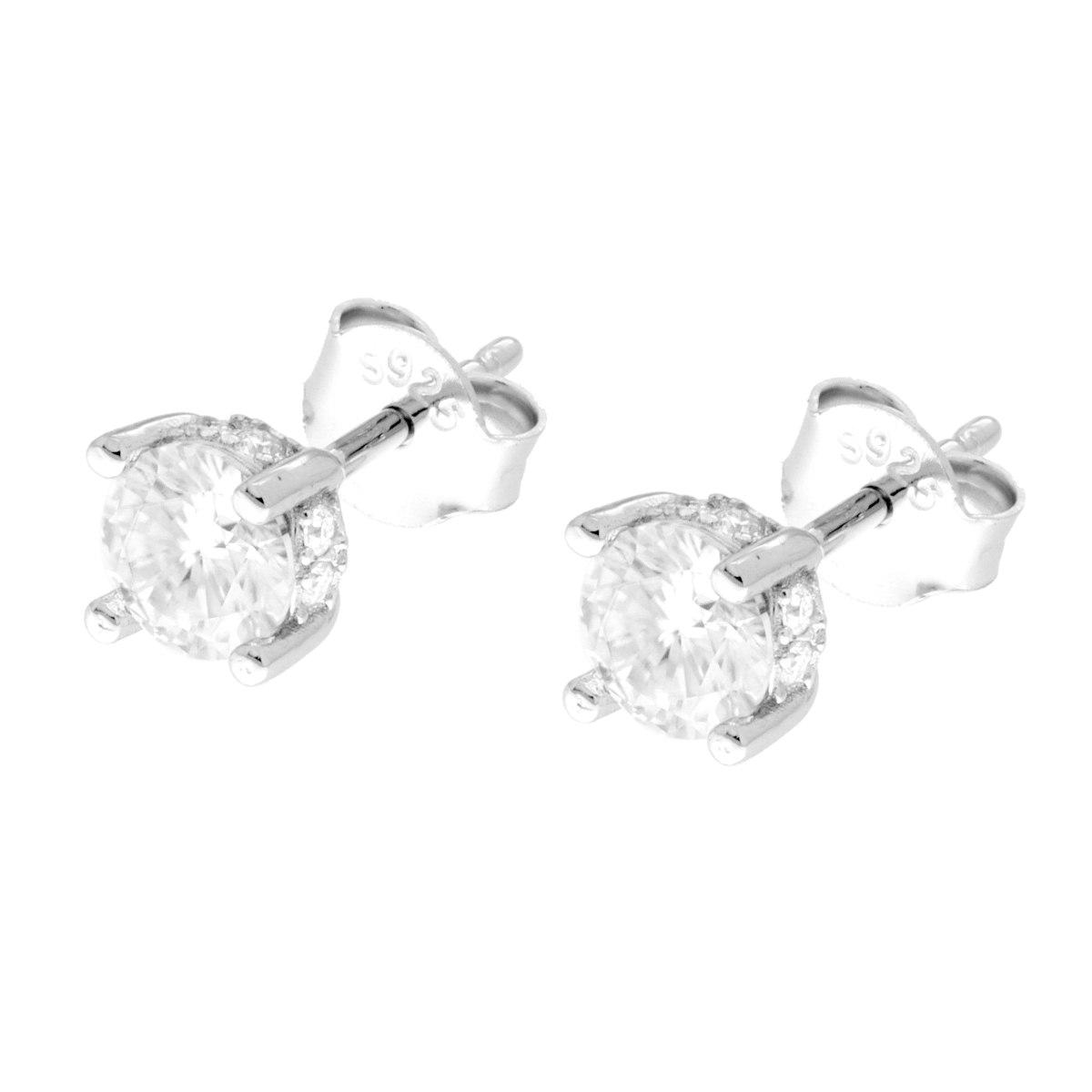 Orecchini Punto Luce con MOISSANITE mm 5 contornata lateralmente in ARGENTO 925 Galvanica Rodio
