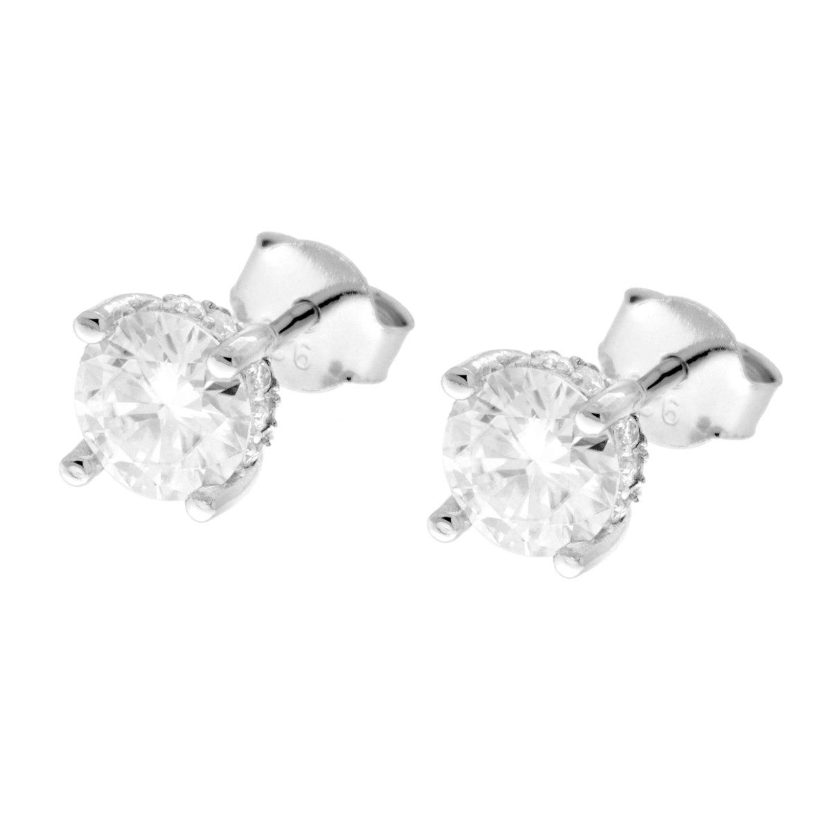 Orecchini Punto Luce con MOISSANITE mm 6 contornata lateralmente in ARGENTO 925 Galvanica Rodio