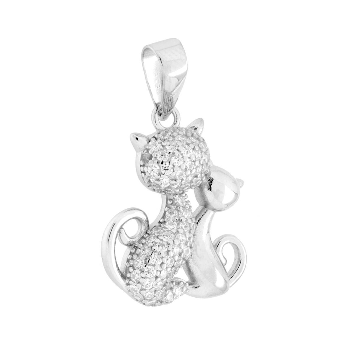 Ciondolo due Gatti con Cubic Zirconia Bianchi in ARGENTO 925 Galvanica Rodio