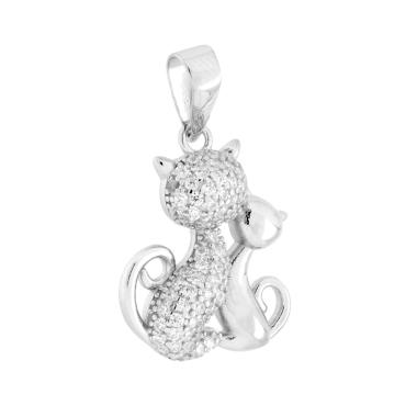Ciondolo due Gatti con Cubic Zirconia Bianchi in ARGENTO 925 Galvanica Rodio