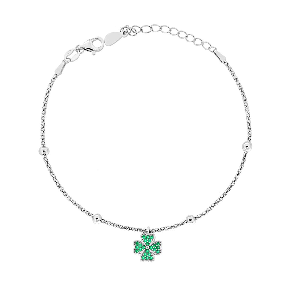 Bracciale Catena Coreana Diamantata con Quadrifoglio e Cubic Zirconia Verde Smeraldo in ARGENTO 925 Galvanica Rodio