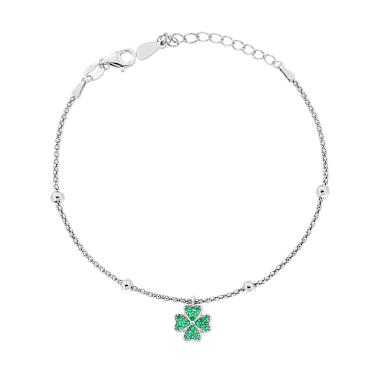 Bracciale Catena Coreana Diamantata con Quadrifoglio e Cubic Zirconia Verde Smeraldo in ARGENTO 925 Galvanica Rodio
