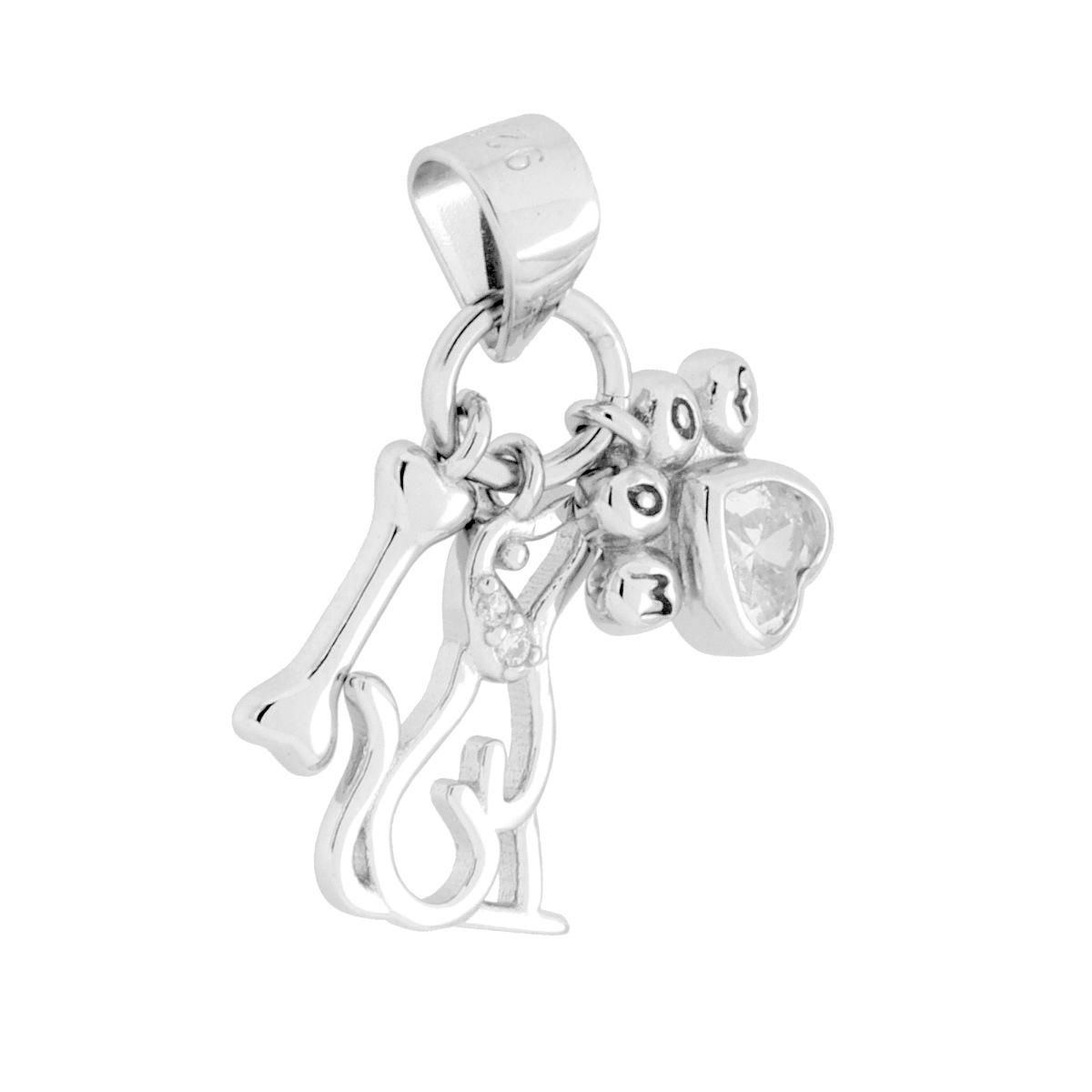 Ciondolo con Triplo Pendente Zampa Cane e Osso con Cubic Zirconia Bianchi in ARGENTO 925 Galvanica Rodio