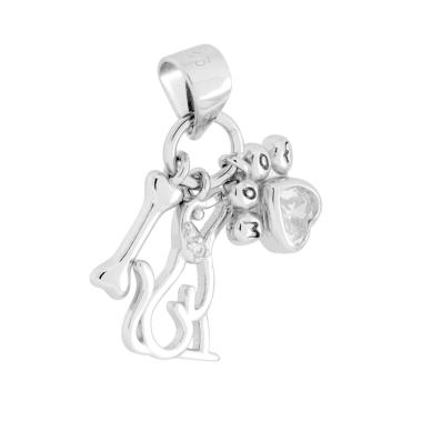 Ciondolo con Triplo Pendente Zampa Cane e Osso con Cubic Zirconia Bianchi in ARGENTO 925 Galvanica Rodio