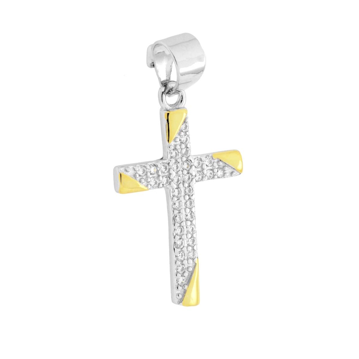 Ciondolo Croce con Cubic Zirconia Bianchi in ARGENTO 925 Galvanica Rodio e Oro