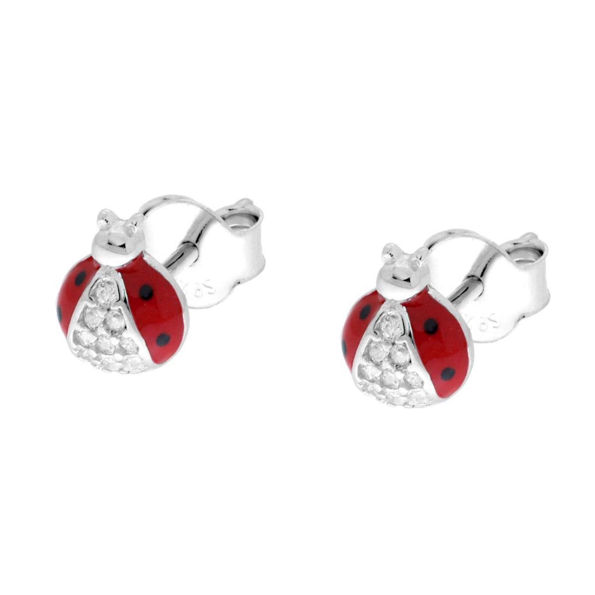 Orecchini Coccinella con Smalto Rosso e Cubic Zirconia Bianchi in ARGENTO 925 Galvanica Rodio
