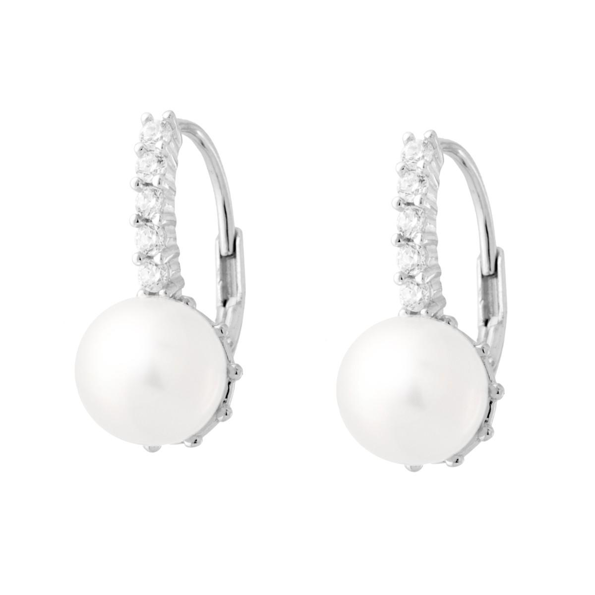 Orecchini Monachella con Perla in Vetro Perlato mm 8 e Cubic Zirconia Bianchi in ARGENTO 925 Galvanica Rodio