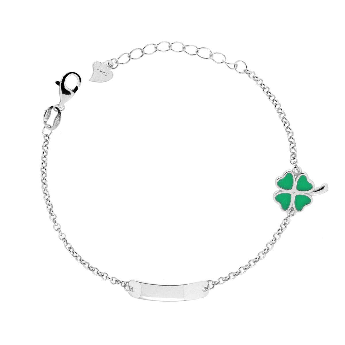 Bracciale Bimbo Bimba Catena Rolo con Targa Rettangolare e Quadrifoglio con Smalto Verde in ARGENTO 925 Galvanica Rodio