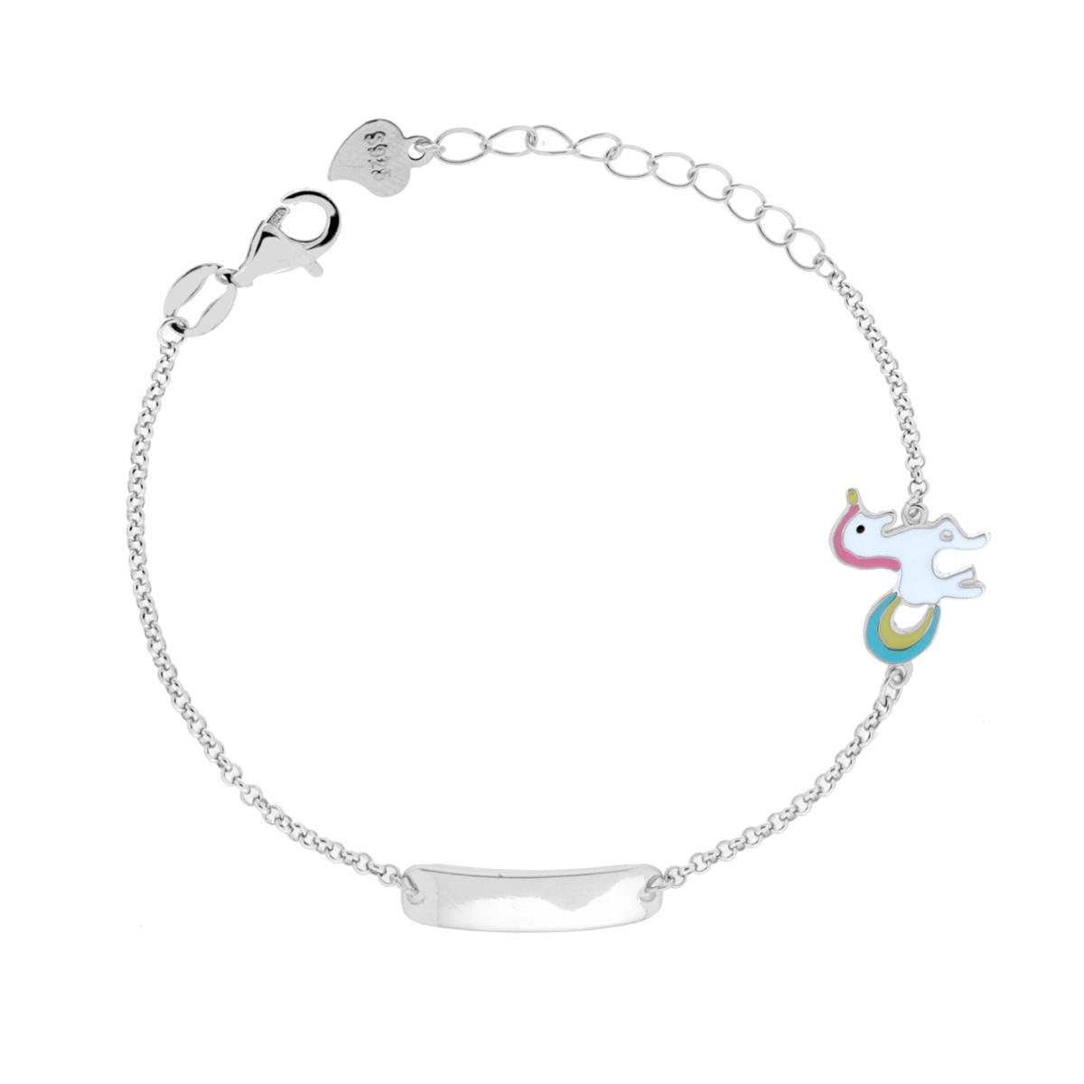 Bracciale Bimbo Bimba Catena Rolo con Targa Rettangolare e Unicorno con Smalto Multicolor in ARGENTO 925 Galvanica Rodio