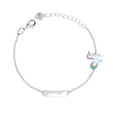 Bracciale Bimbo Bimba Catena Rolo con Targa Rettangolare e Unicorno con Smalto Multicolor in ARGENTO 925 Galvanica Rodio