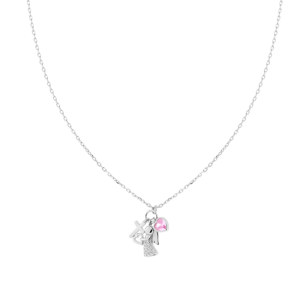 Collana Catena Forzatina Diamantata con Cuore Croce e Angioletto e Cubic Zirconia Bianchi e Rosa in ARGENTO 925 Galvanica Rodio