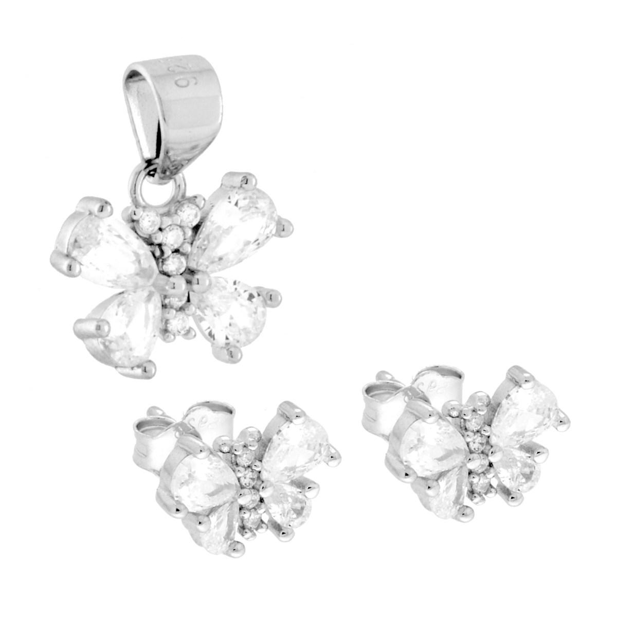 Parure Set Orecchini e Ciondolo Farfalla con Cubic Zirconia Goccia Bianchi in ARGENTO 925 Galvanica Rodio