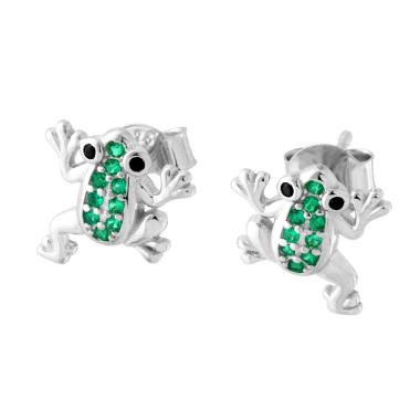 Orecchini Rana con Cubic Zirconia Verde Smeraldo in ARGENTO 925 Galvanica Rodio