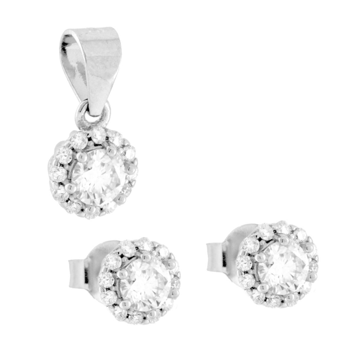 Parure Set Orecchini e Ciondolo Punto Luce Fiore con MOISSANITE Bianchi in ARGENTO 925 Galvanica Rodio