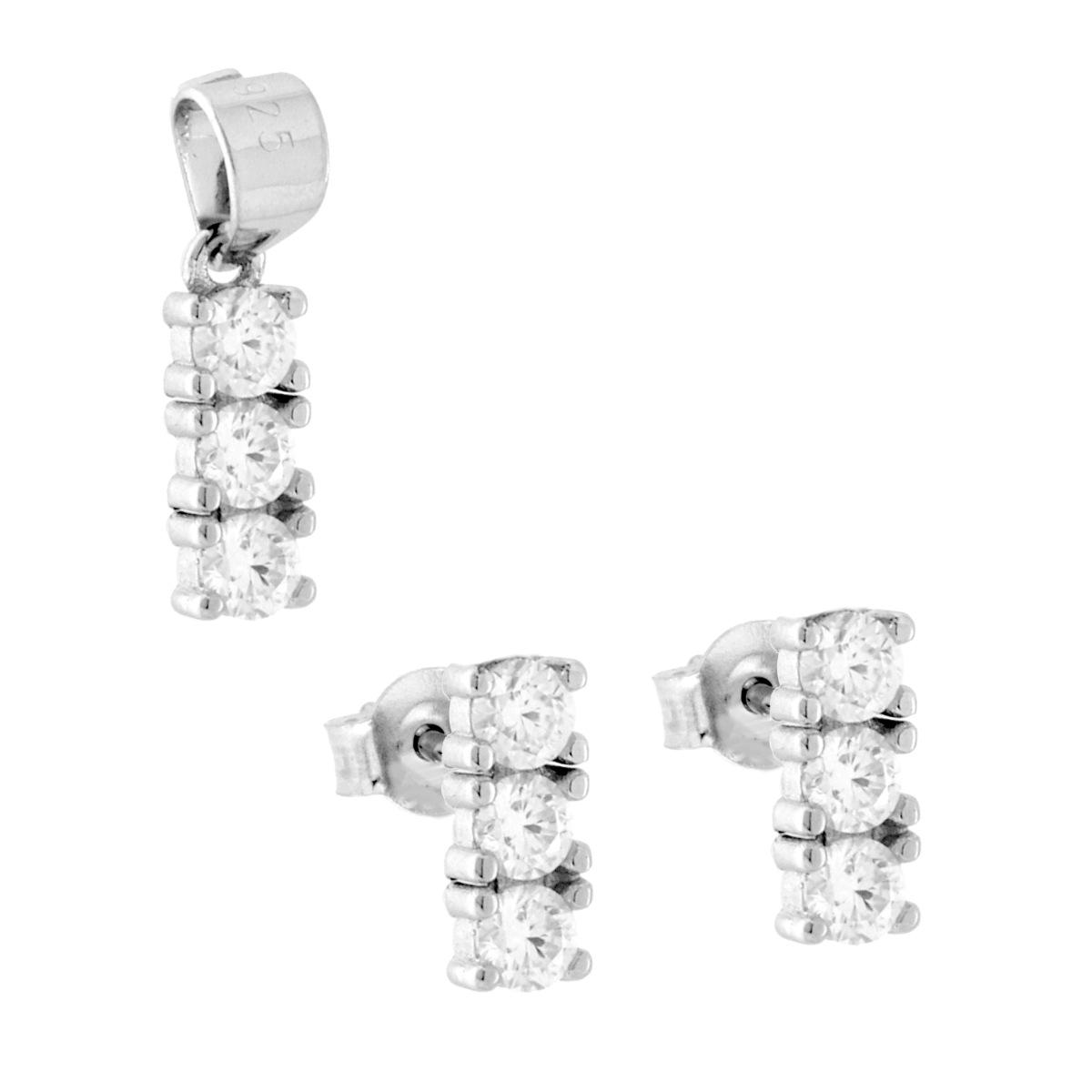 Parure Set Orecchini e Ciondolo Punto Luce Trilogy con MOISSANITE Bianchi in ARGENTO 925 Galvanica Rodio