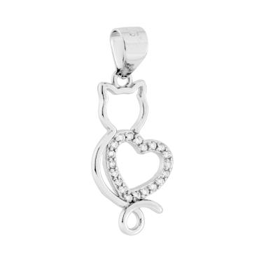Ciondolo Gatto con Cuore e Cubic Zirconia Bianchi in ARGENTO 925 Galvanica Rodio
